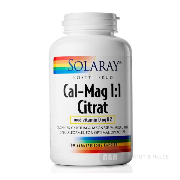 Cal-Mag 1:1 Citrat med vitamin D og K2 Solaray 180 stk.